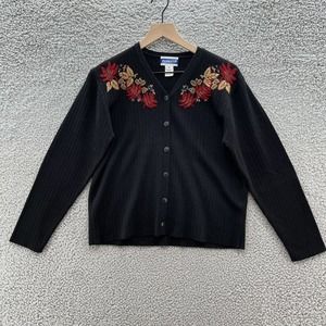 Vintage Pendleton Sweater Black Knit Embroidered Floral Cardigan